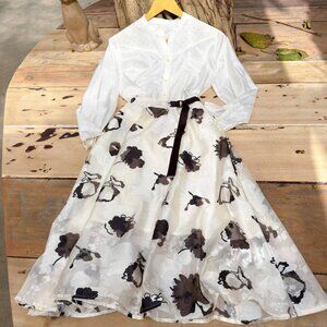 White Floral Print Midi Dress Two Piece Set